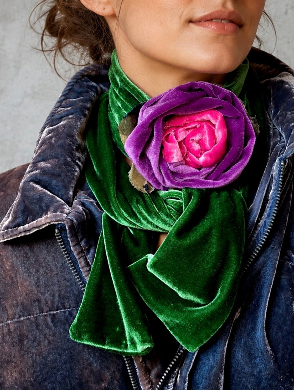 Cottage Velvet Jabot Bowtie Romantic Flower Fabric Rose Camellia Velvet Scarf